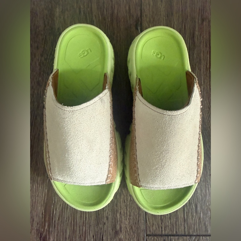 UGG Beige Suede Slide Sandals with Lime Green Footbed